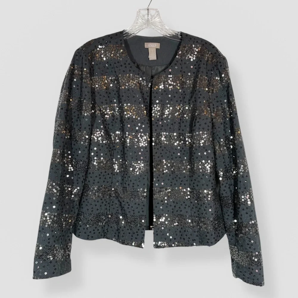 Chico's Silver/Gold Sequined Jacket Size Small Gray Hook & Eye Clasp Party Event